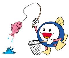 魚のマスコットが釣り竿と網をもって魚を釣っているイラスト