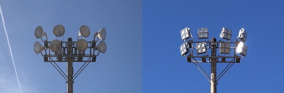 大きな丸い形の旧照明(メタルハライドランプ)と小さな四角い形の新照明(LED照明)の写真