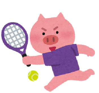 紫色のシャツを着てテニスをしているブタのイラスト