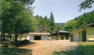 木と木の間に3つの建物が並んでいる木立キャンプ場の全体の写真