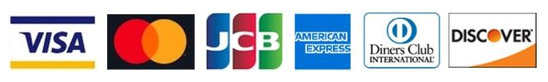 左からVISA、mastercard、JCB、AMERICANEXPRESS、DinersClub、DISCOVERのロゴマーク