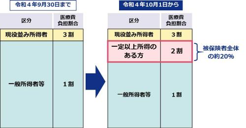 窓口負担割合が2割となる対象者は後期高齢者医療被保険者全体のうち約20%であることを示したグラフ