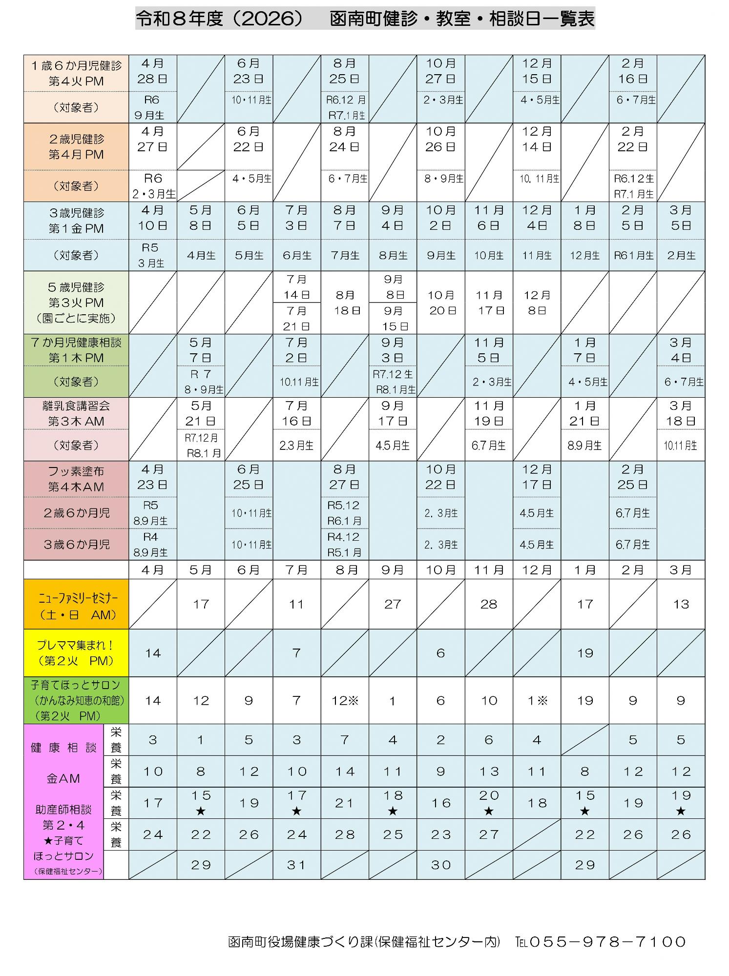令和8年度健診・教室・相談日一覧表