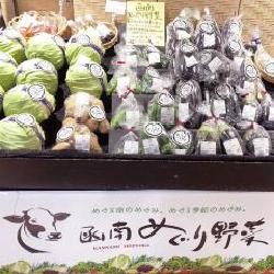 レタスやナスなどの個包装された野菜が並ぶワゴンの写真