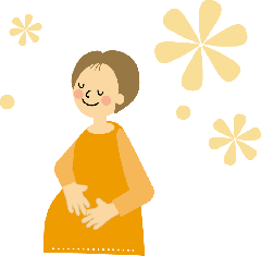 背景に黄色い花が描かれていてオレンジの服を着た女性がお腹に手を当てているイラスト