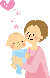 青い服を着た赤ちゃんを抱くピンクの服を着たお母さんのイラスト