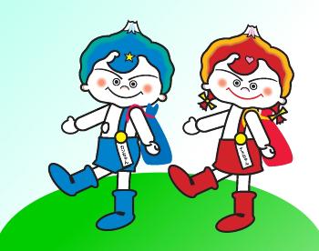 緑色の地面を歩いている函南町のイメージキャラクターのカンちゃんナミちゃんのイラスト